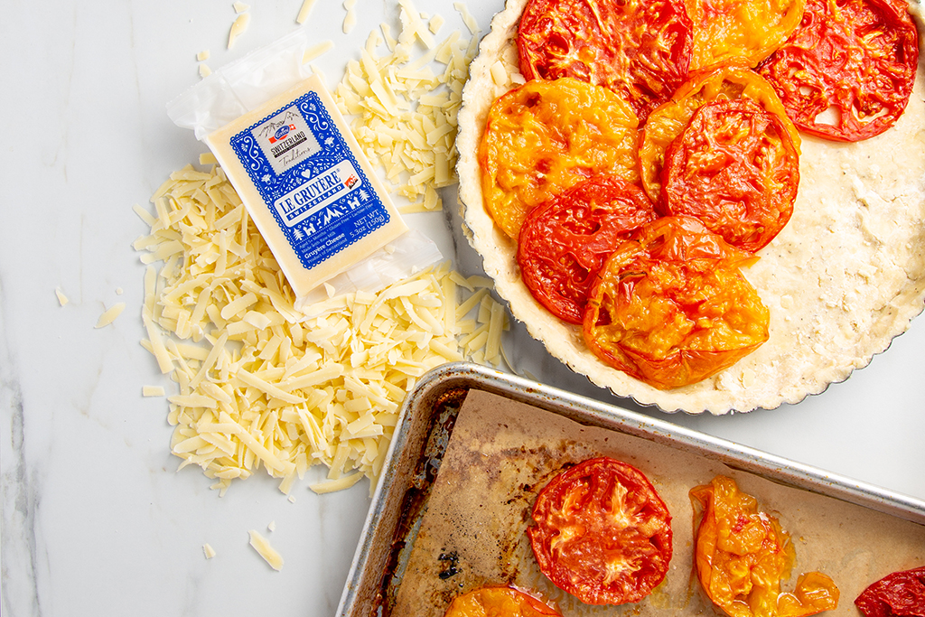 Emmi Le Gruyere cheese and tomato tart prep