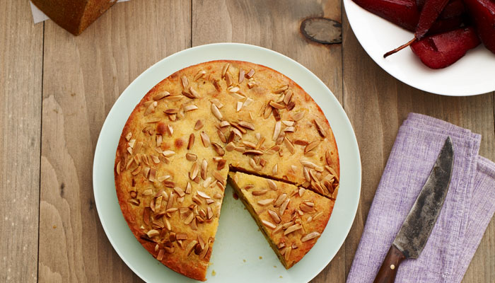 Toasted Almond Le Gruyère Cake with Poached Pears - Emmi USA