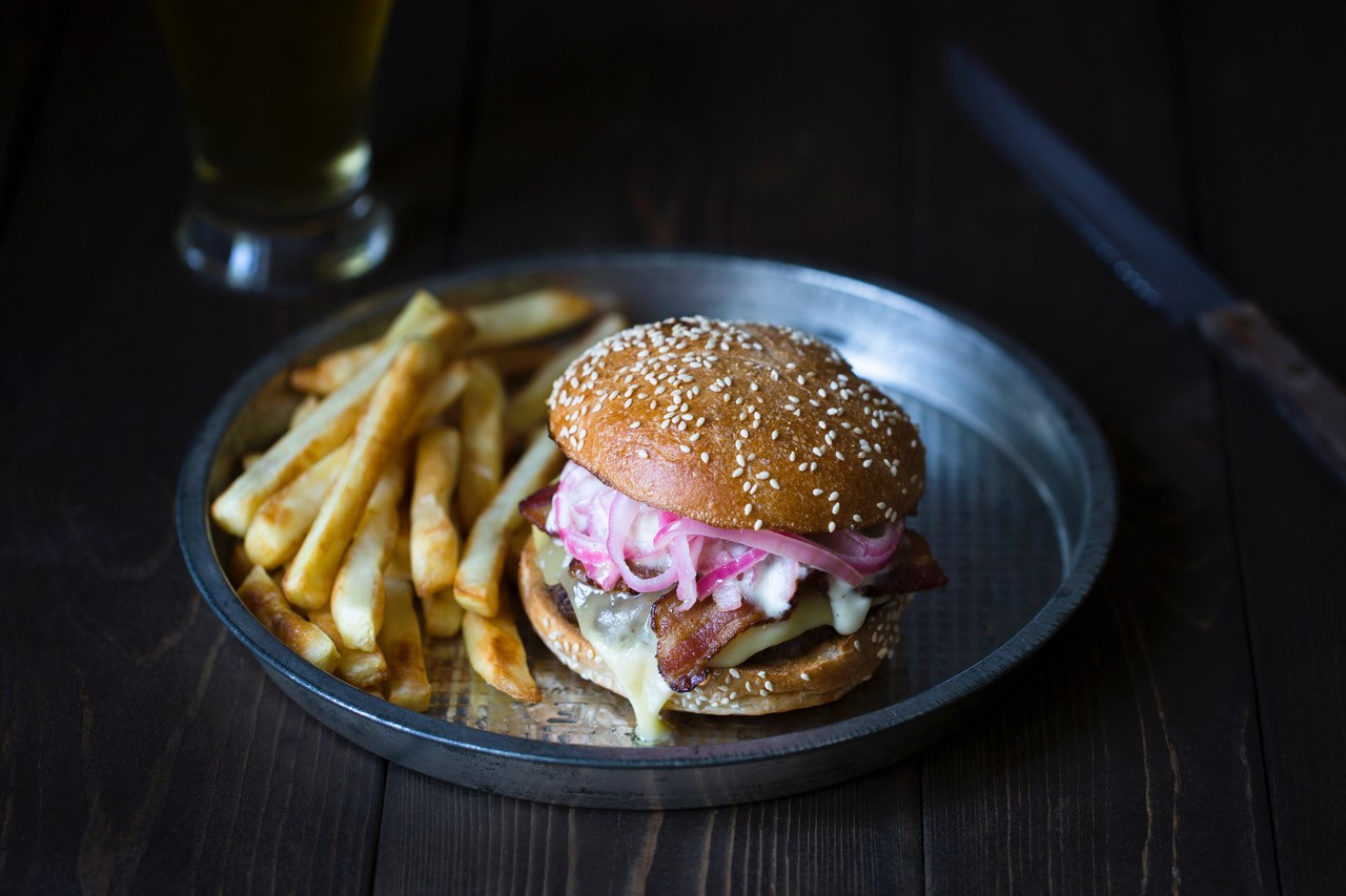 Raclette Cheeseburger with Bacon, Pickled Shallots and