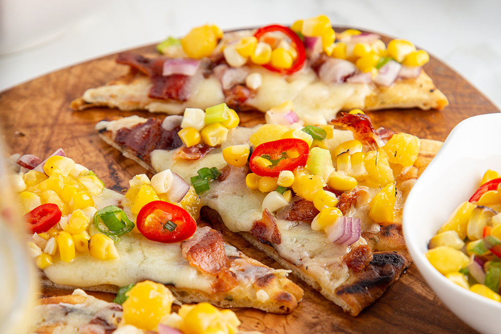 Bacon and Gruyere Flatbread Pizza with Corn and Peach Salsa