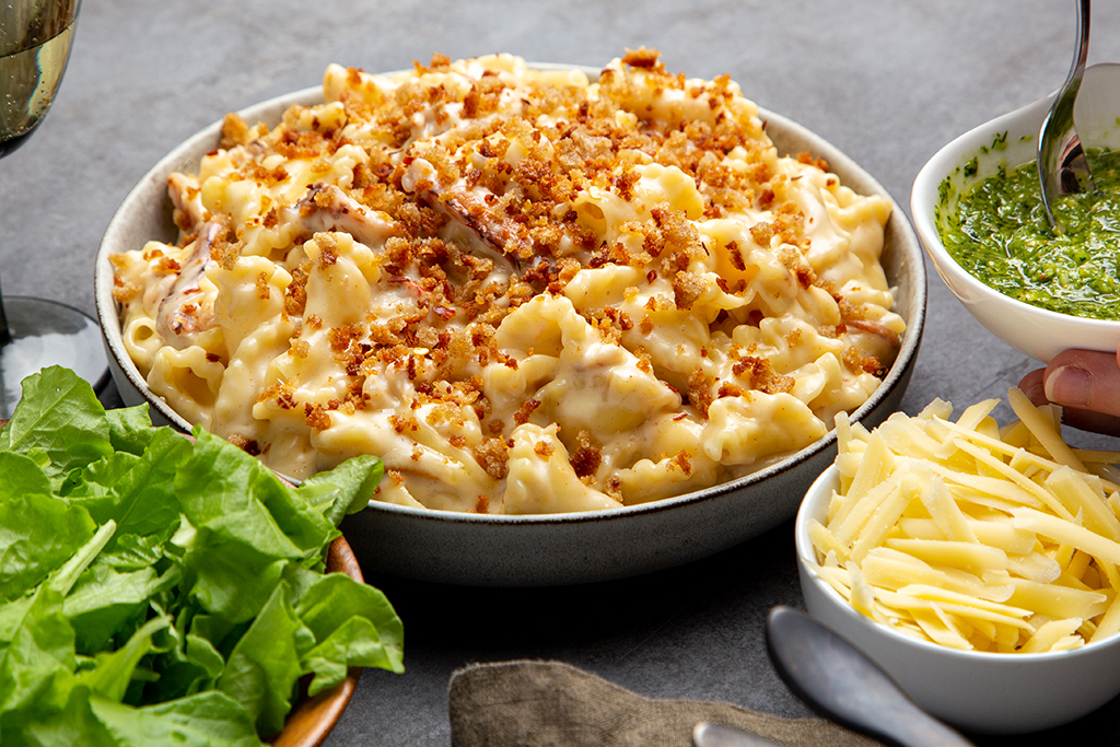 Crab Mac and Cheese with Salsa Verde Emmi USA